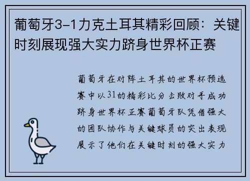 葡萄牙3-1力克土耳其精彩回顾：关键时刻展现强大实力跻身世界杯正赛